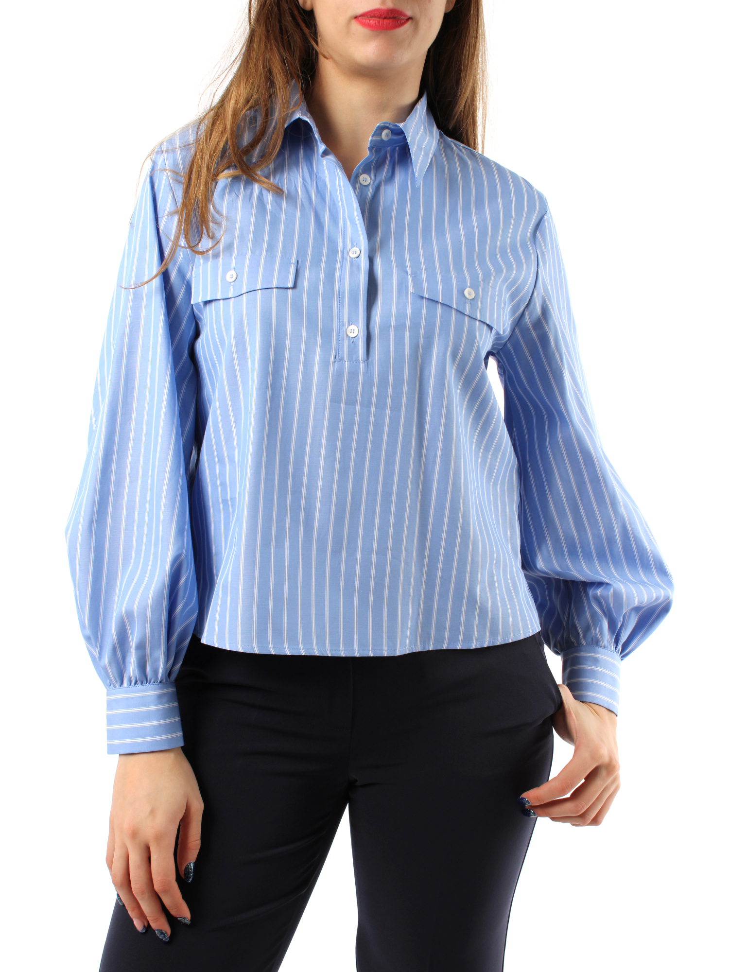 CAMICIA A RIGHE CON MANICHE A PALLONCINO DONNA AZZURRO