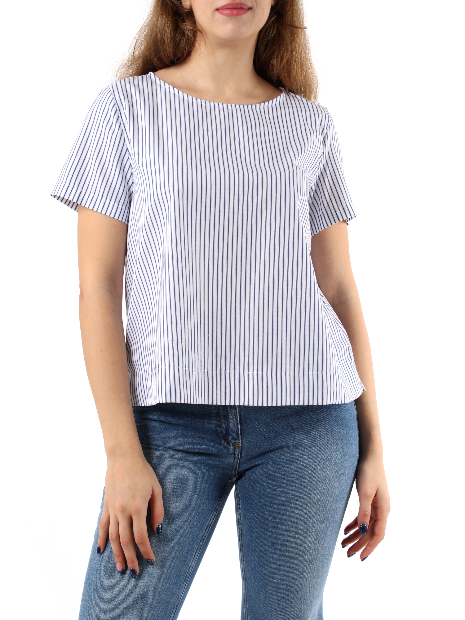 T-SHIRT MANICA CORTA A RIGHE IN POPELINE DI COTONE DONNA BIANCO BLU