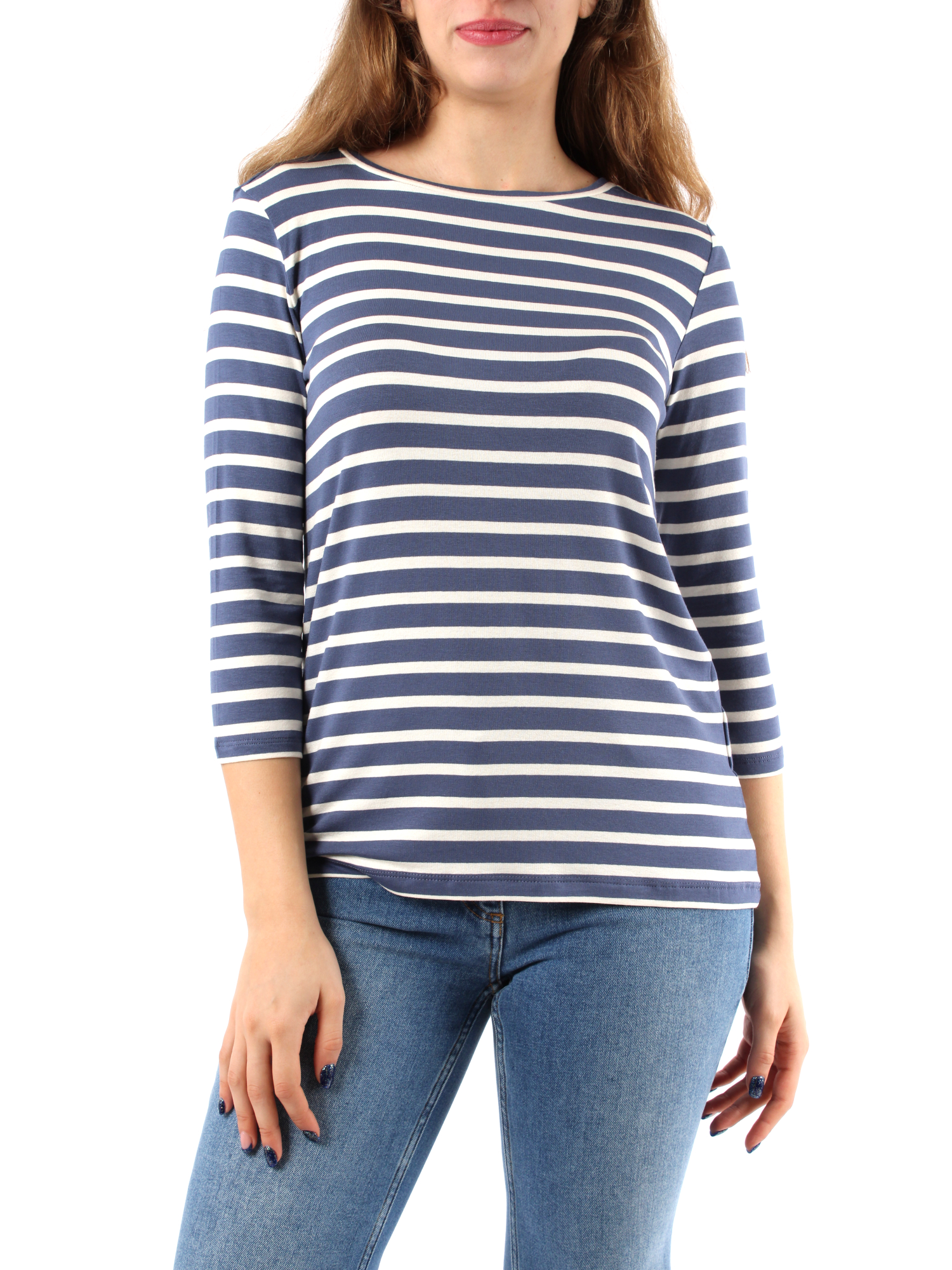 T-SHIRT MANICHE LUNGHE A 3 QUARTI A RIGHE DONNA BLU