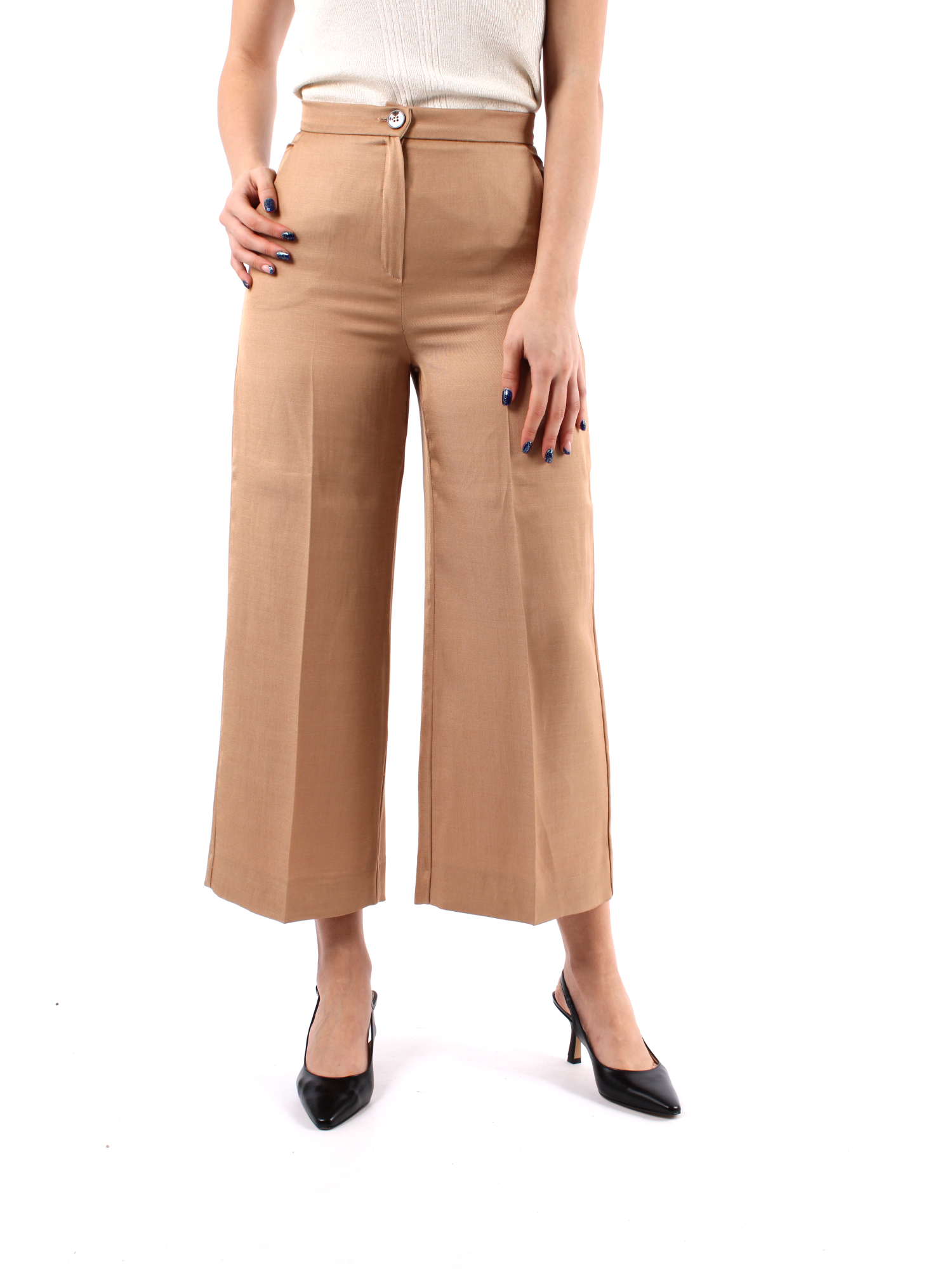 PANTALONE CROPPED IN MISTO VISCOSA E LINO DONNA BEIGE