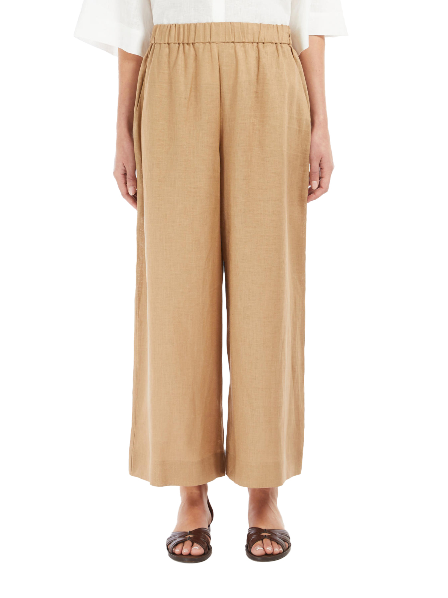 PANTALONI CROPPED AMPI IN PURO LINO DONNA BEIGE