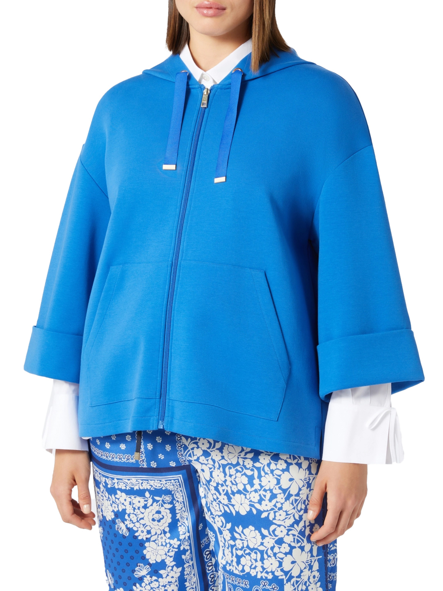 FELPA CON ZIP E CAPPUCCIO IN JERSEY DI COTONE DONNA BLU