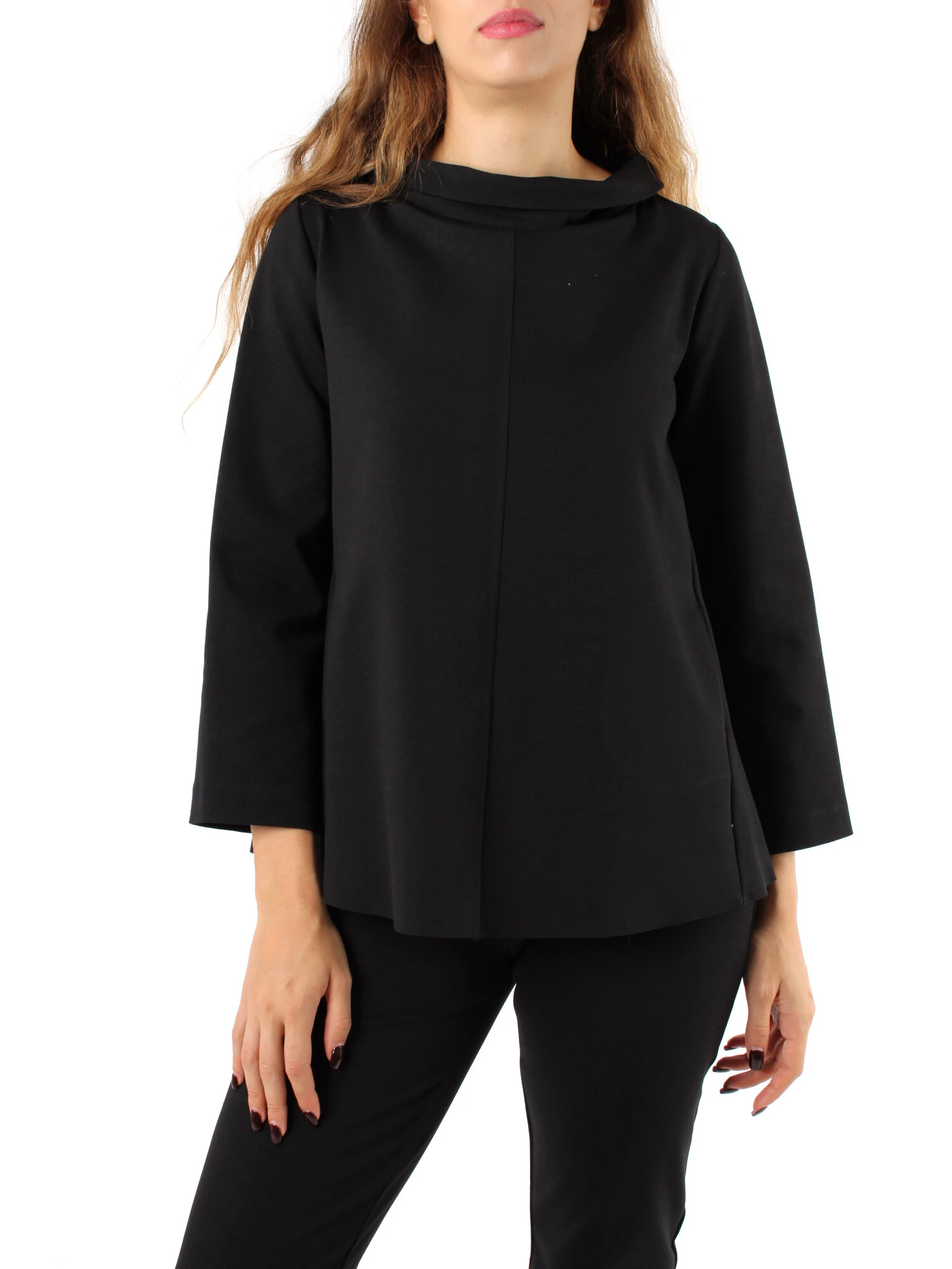 BLUSA CON SCOLLO ALTO E TASCHE DONNA NERO