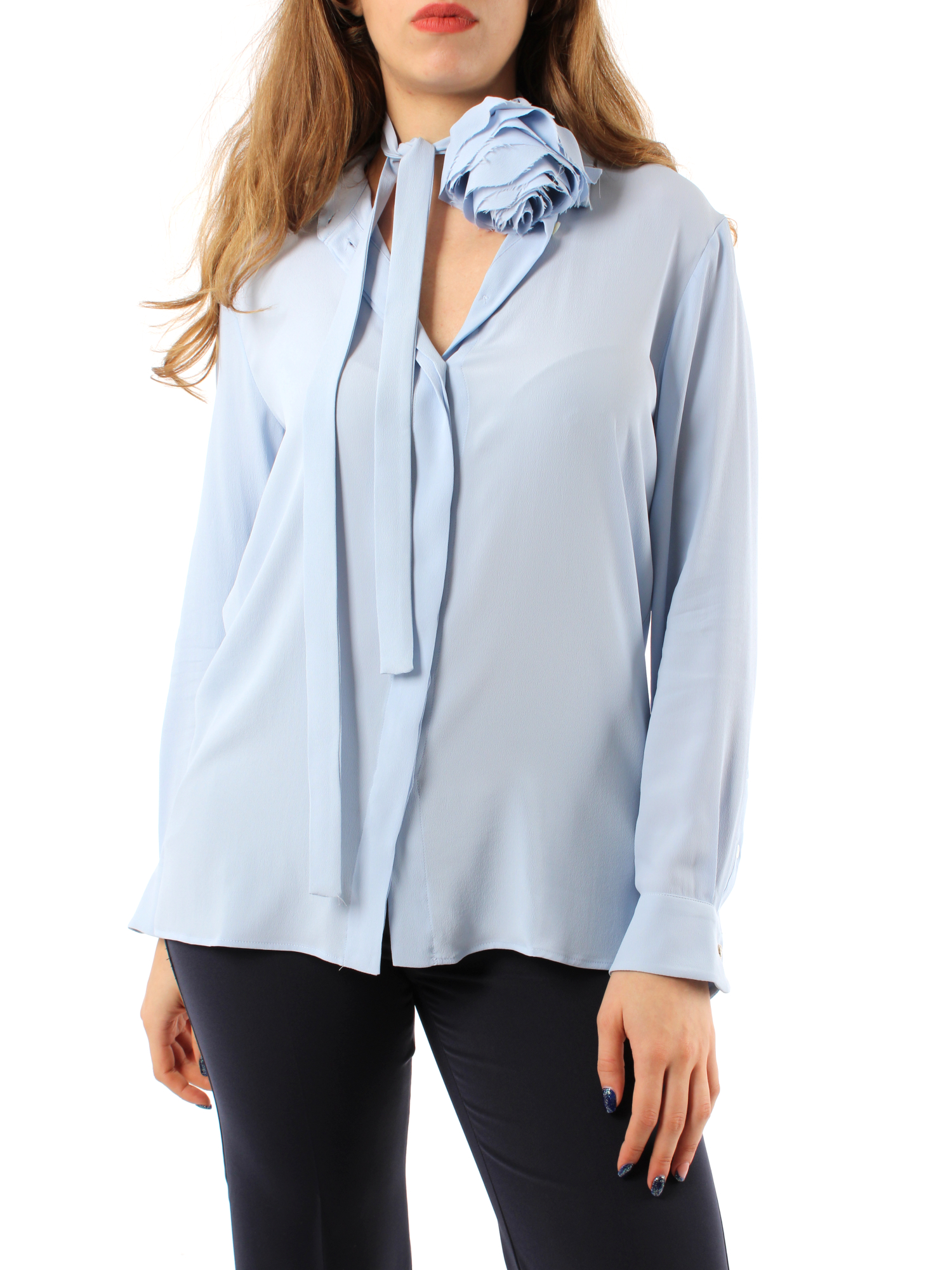 CAMICIA IN CRÊPE CON FIORE DONNA AZZURRO