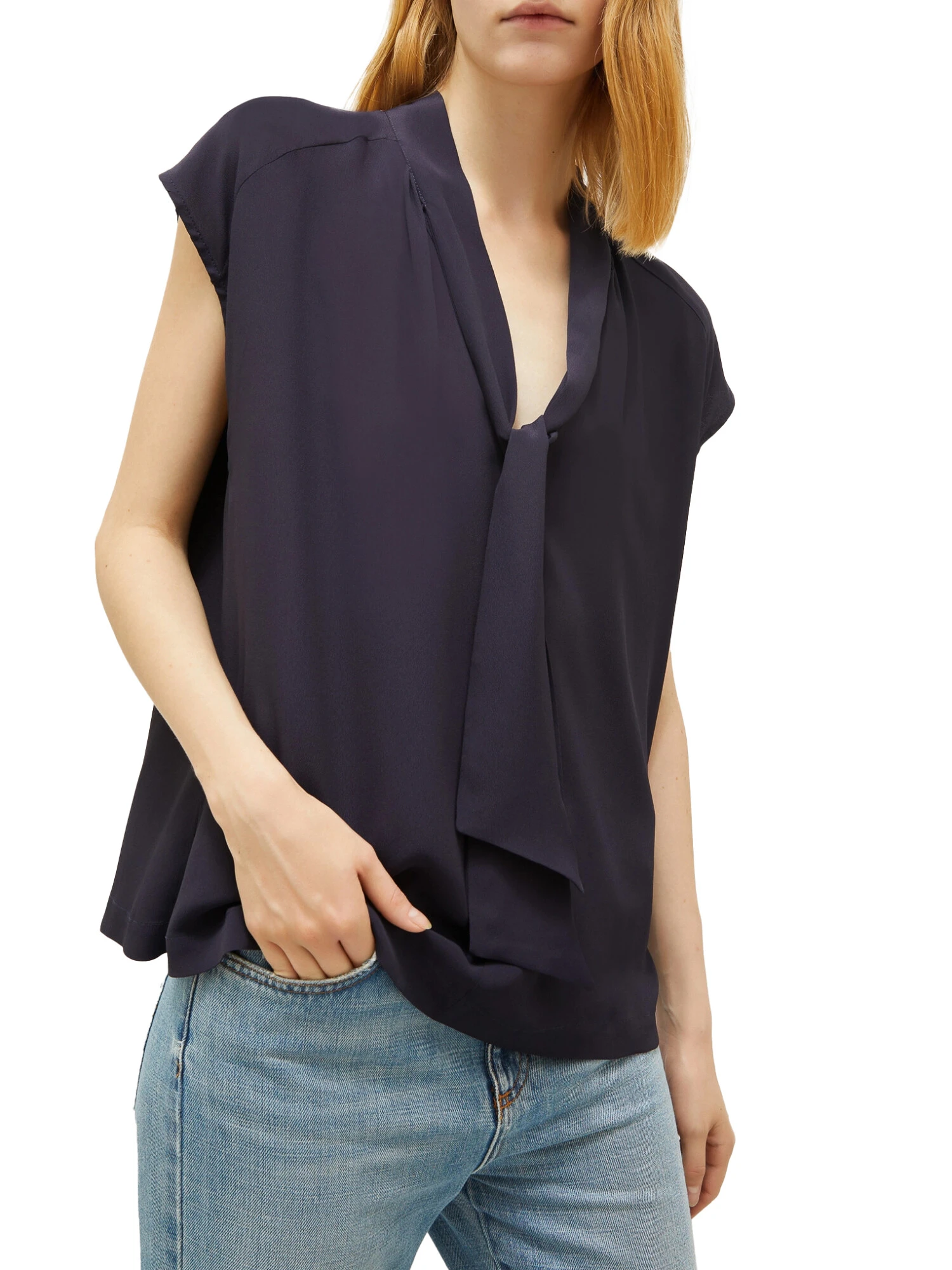 BLUSA IN MISTO SETA CON SCOLLO A V DONNA BLU