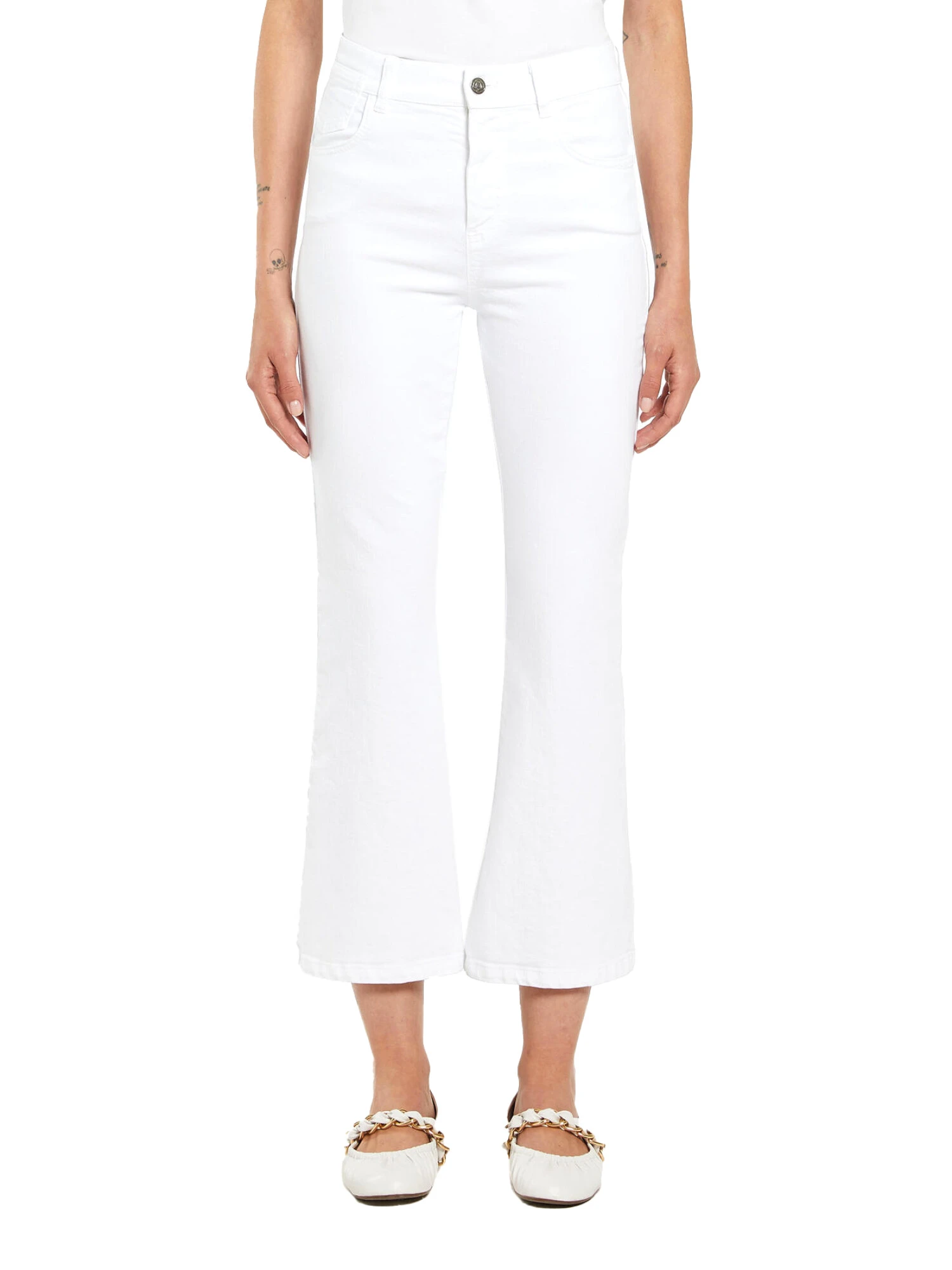 PANTALONI CROPPED A ZAMPA IN DENIM DONNA BIANCO