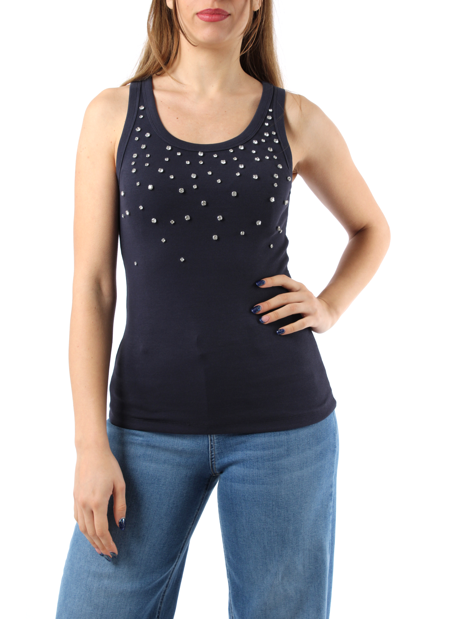 TOP CON CRISTALLI CABOCHON DAVANTI DONNA BLU