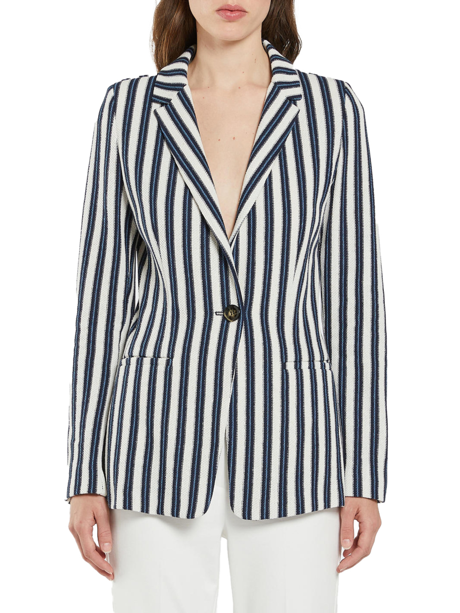 GIACCA BLAZER IN STUOIA A RIGHE DONNA BIANCO BLU