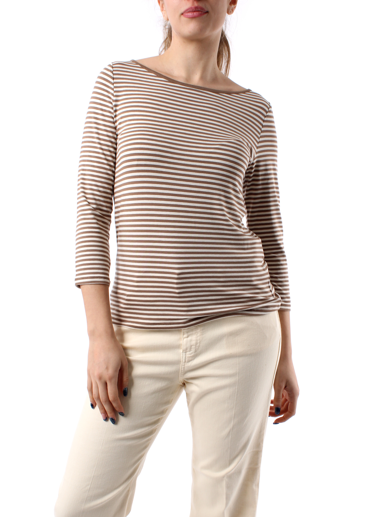 T-SHIRT MANICA LUNGA A RIGHE DONNA BIANCO BEIGE