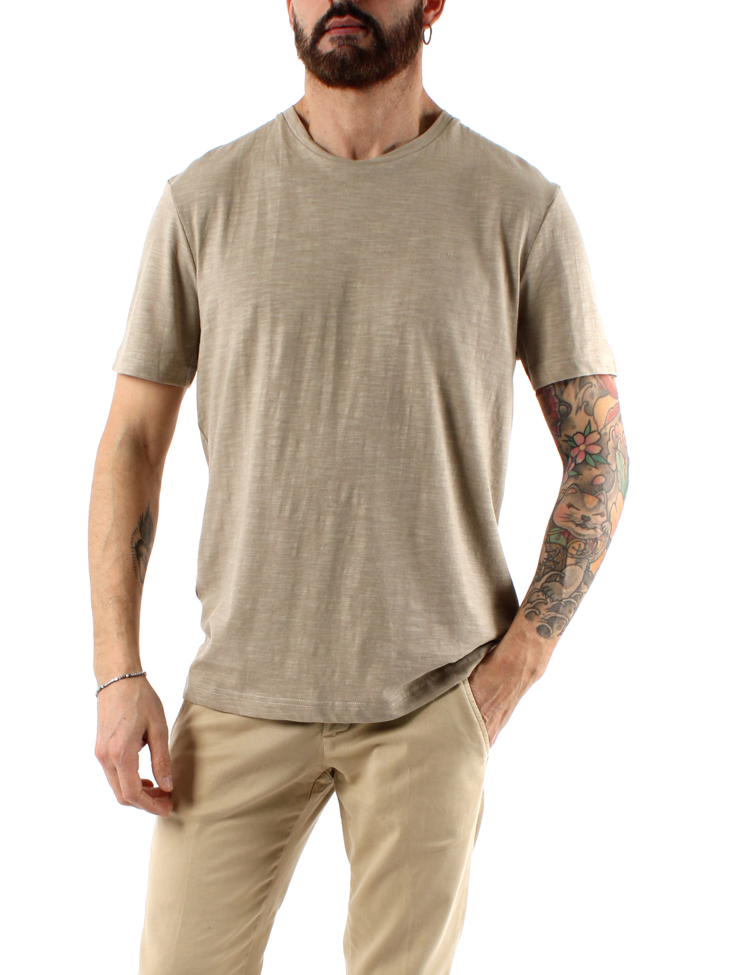 T-SHIRT MANICA CORTA IN MISTO COTONE E LINO UOMO BEIGE