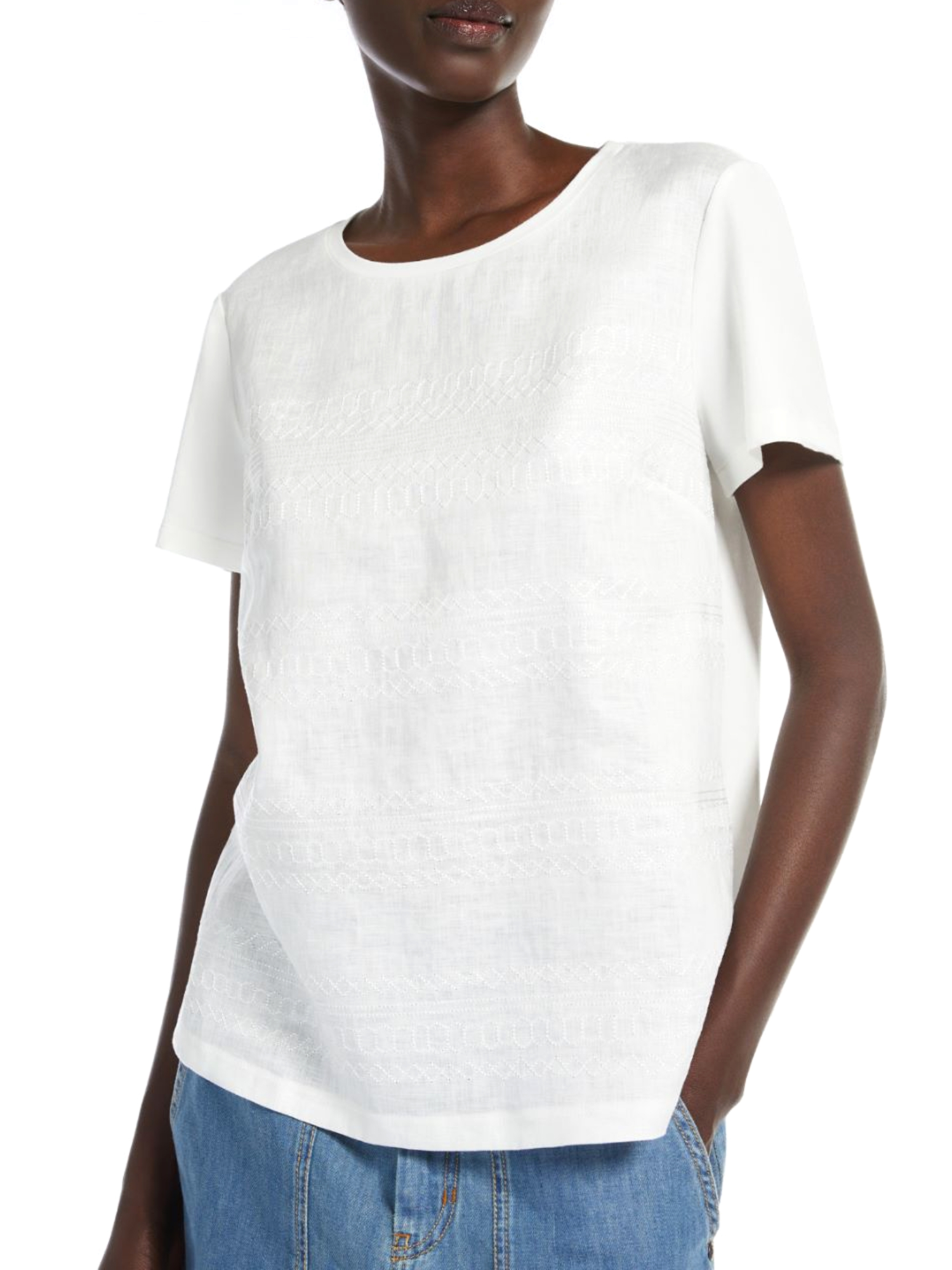 T-SHIRT MANICA CORTA CON RICAMO MISTO LINO DONNA BIANCO