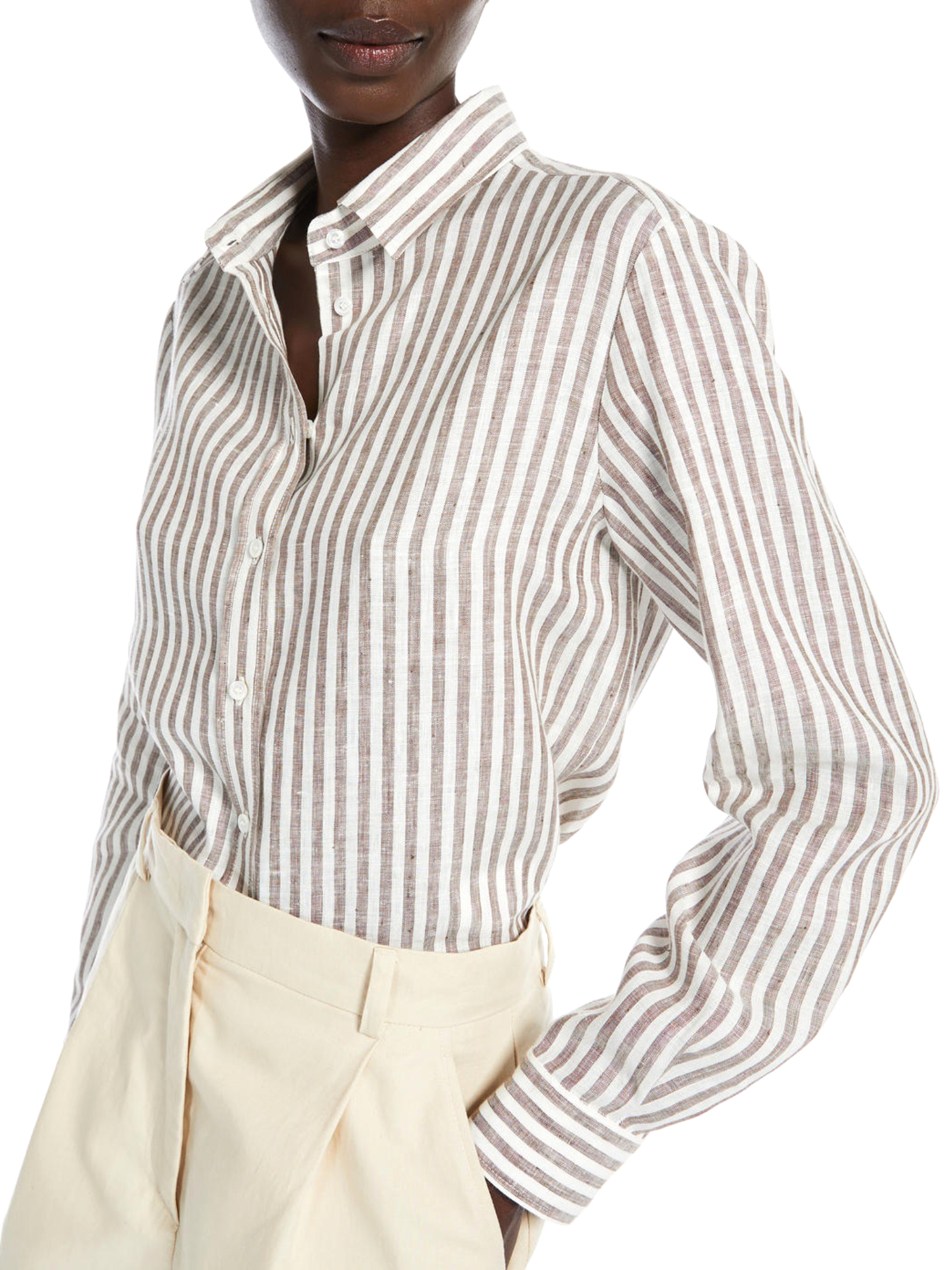 CAMICIA A RIGHE IN PURO LINO DONNA BIANCO CAFFÈ