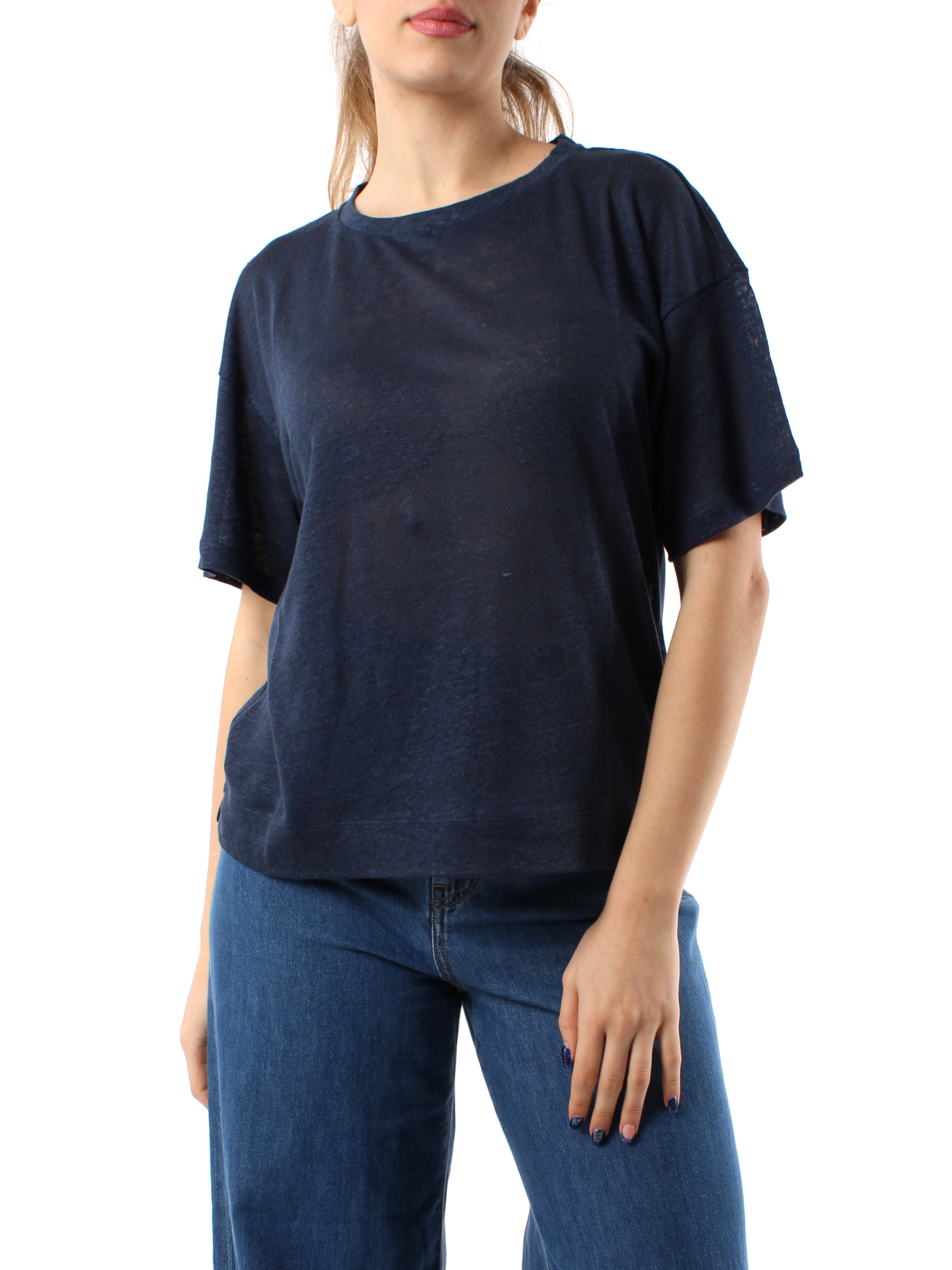 BLUSA A MANICHE CORTE IN PURO LINO DONNA BLU