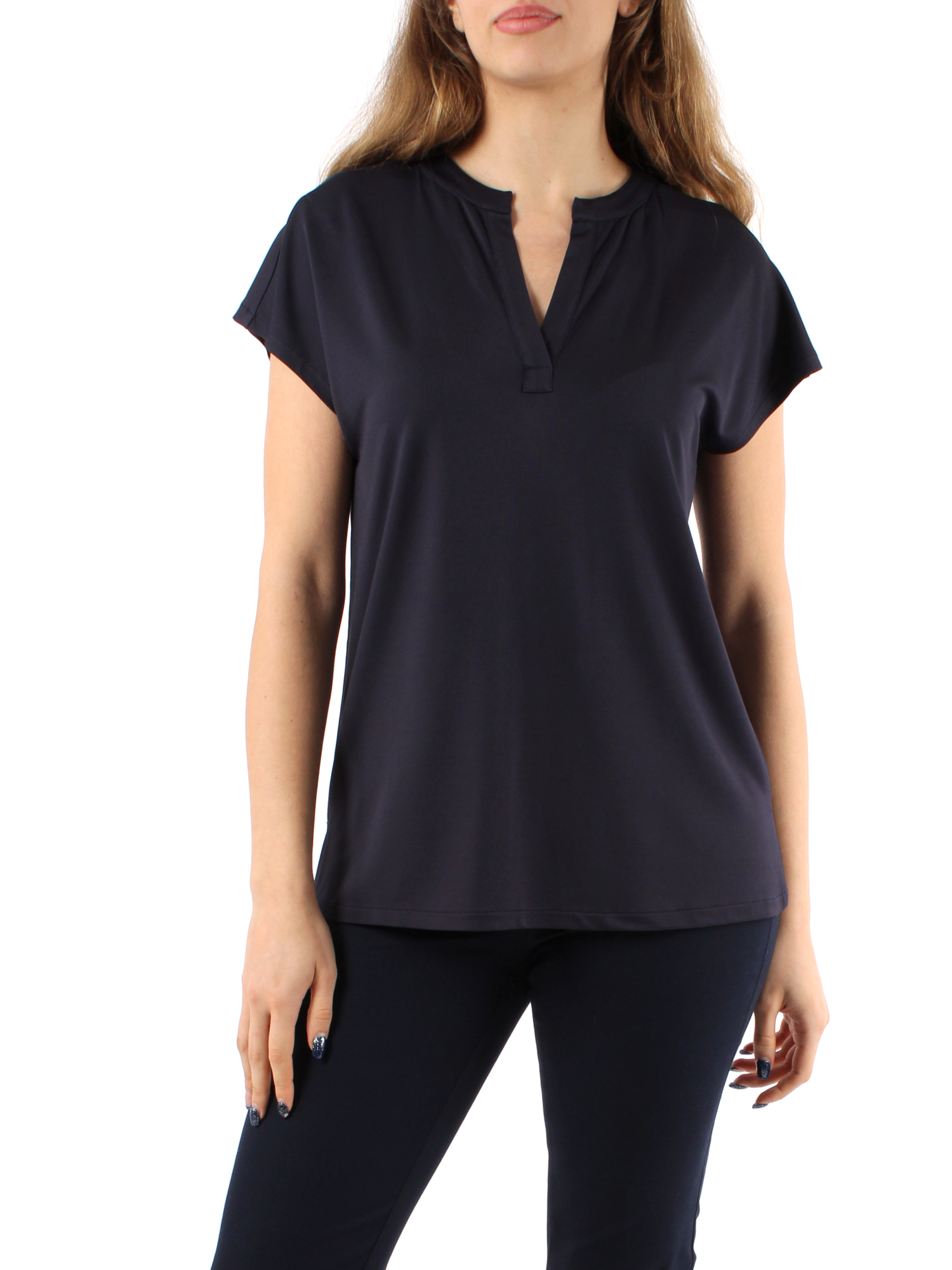 T-SHIRT MANICA CORTA IN JERSEY CON SCOLLO A V DONNA BLU