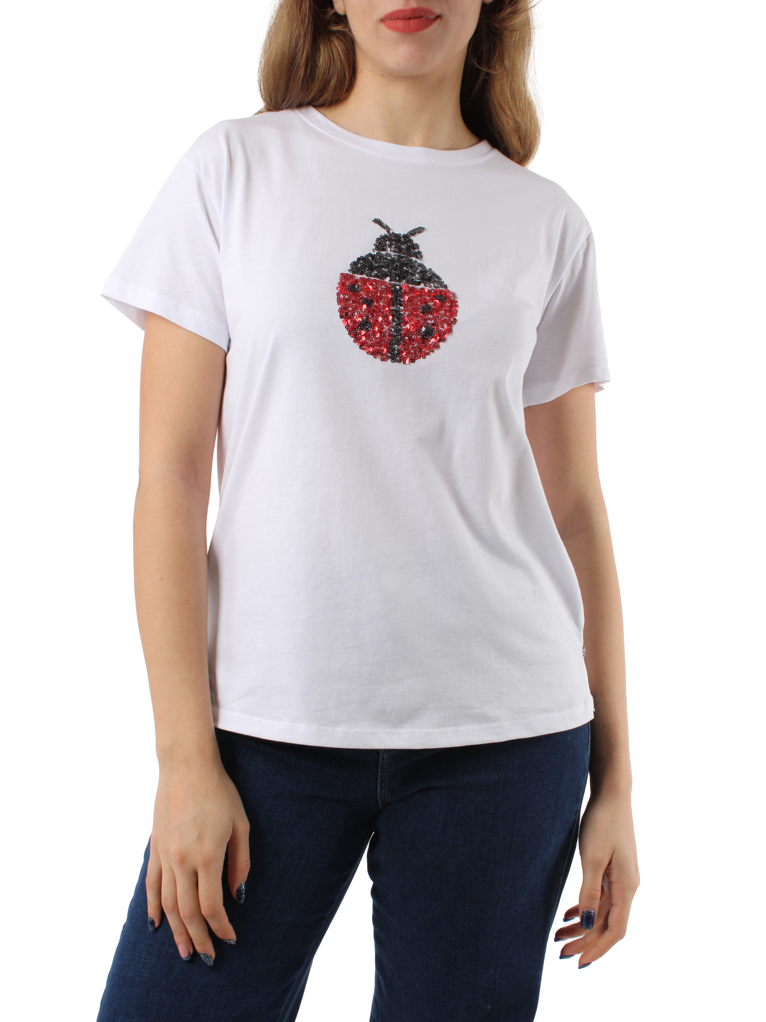 T-SHIRT MANICA CORTA CON COCCINELLA IN PAILLETTES DONNA BIANCO