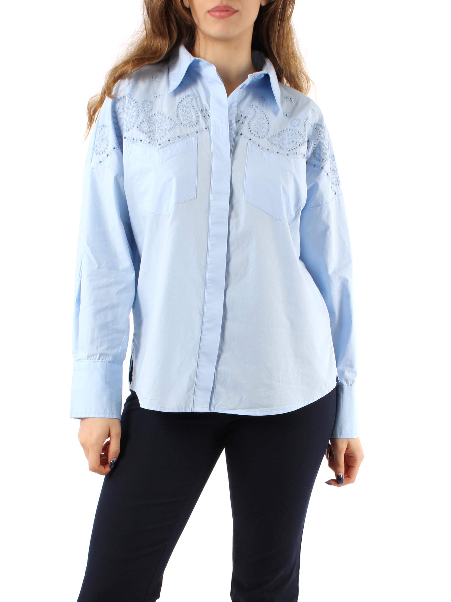 CAMICIA CON RICAMO IN POPELINE DI COTONE DONNA AZZURRO