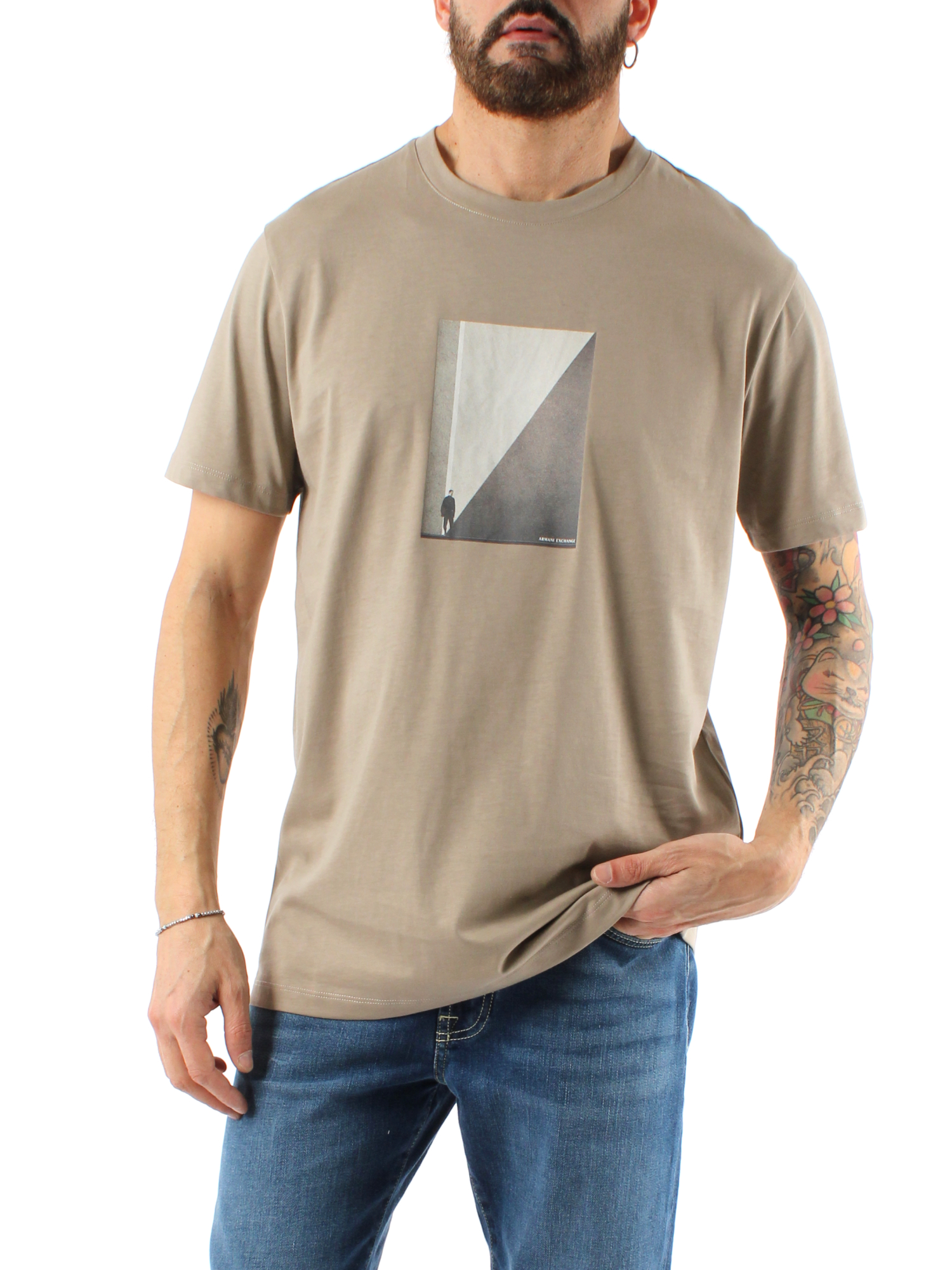 T-SHIRT MANICA CORTA CON STAMPA FOTOGRAFICA UOMO BEIGE