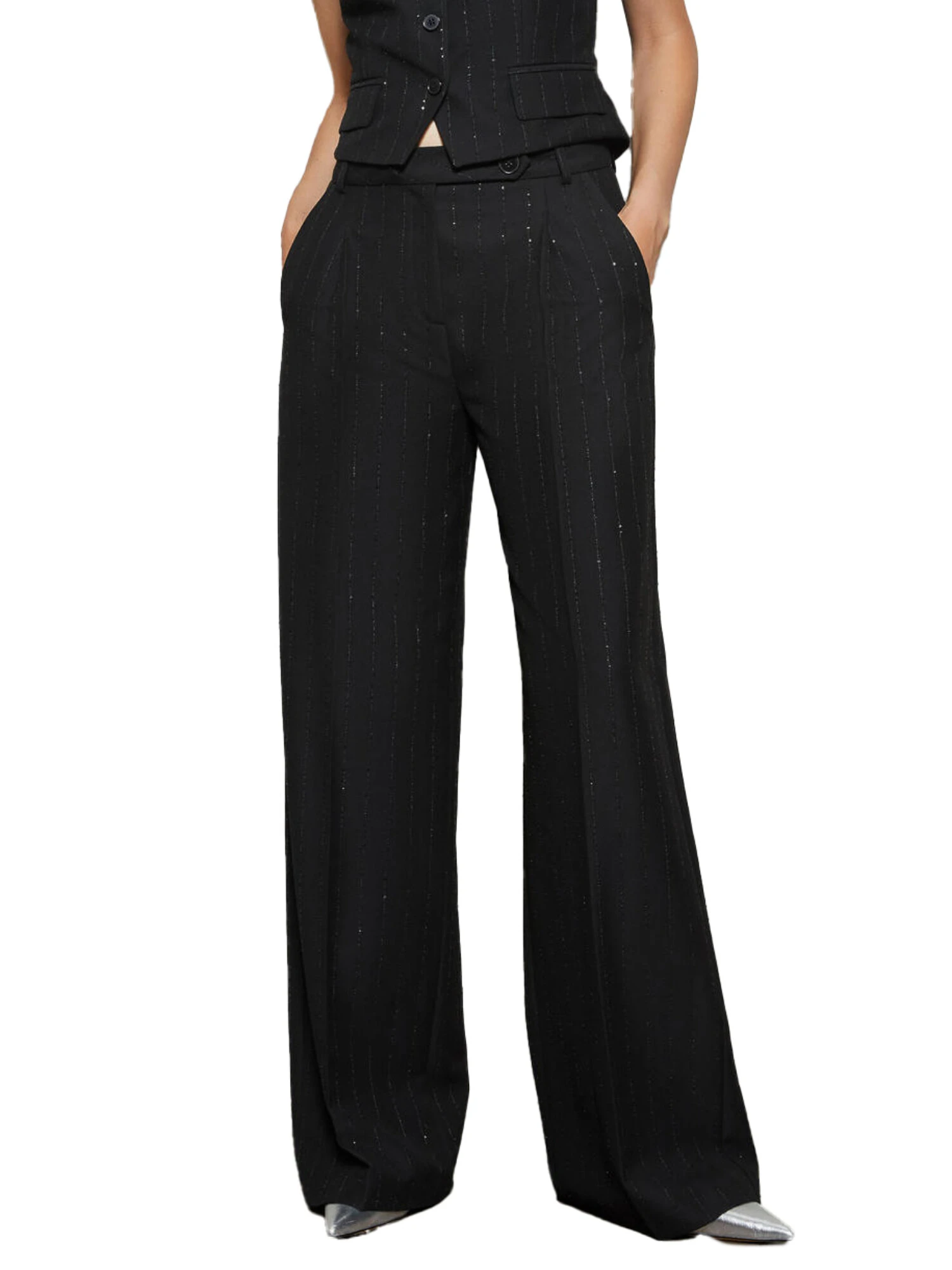 PANTALONI PALAZZO GESSATI CON TRAMA GLITTER DONNA NERO