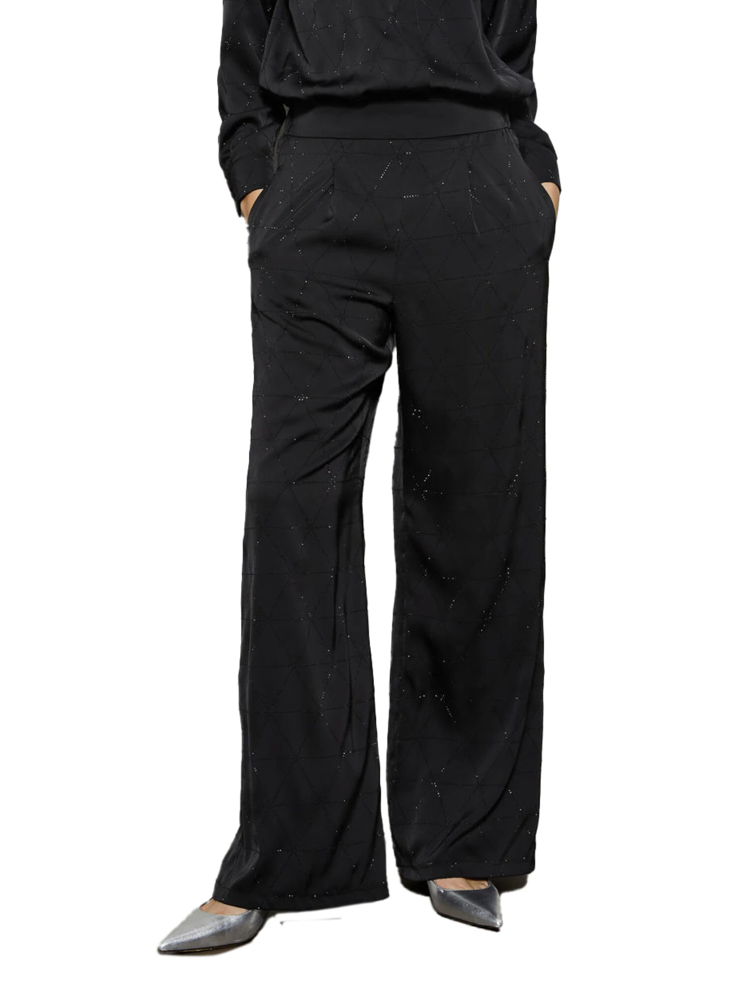 PANTALONI PALAZZO SATINATI CON STRASS DONNA NERO