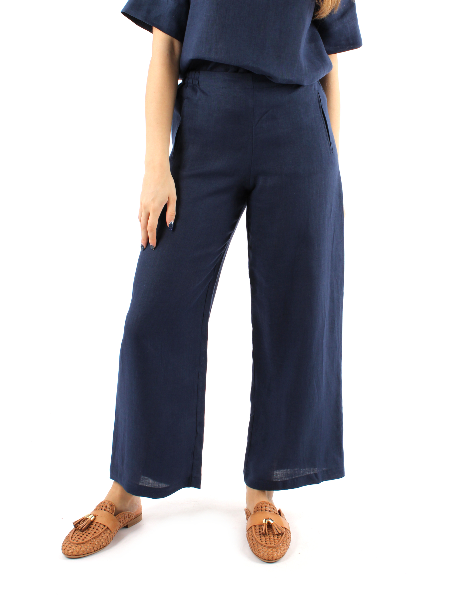 PANTALONE PALAZZO IN LINO DONNA BLU