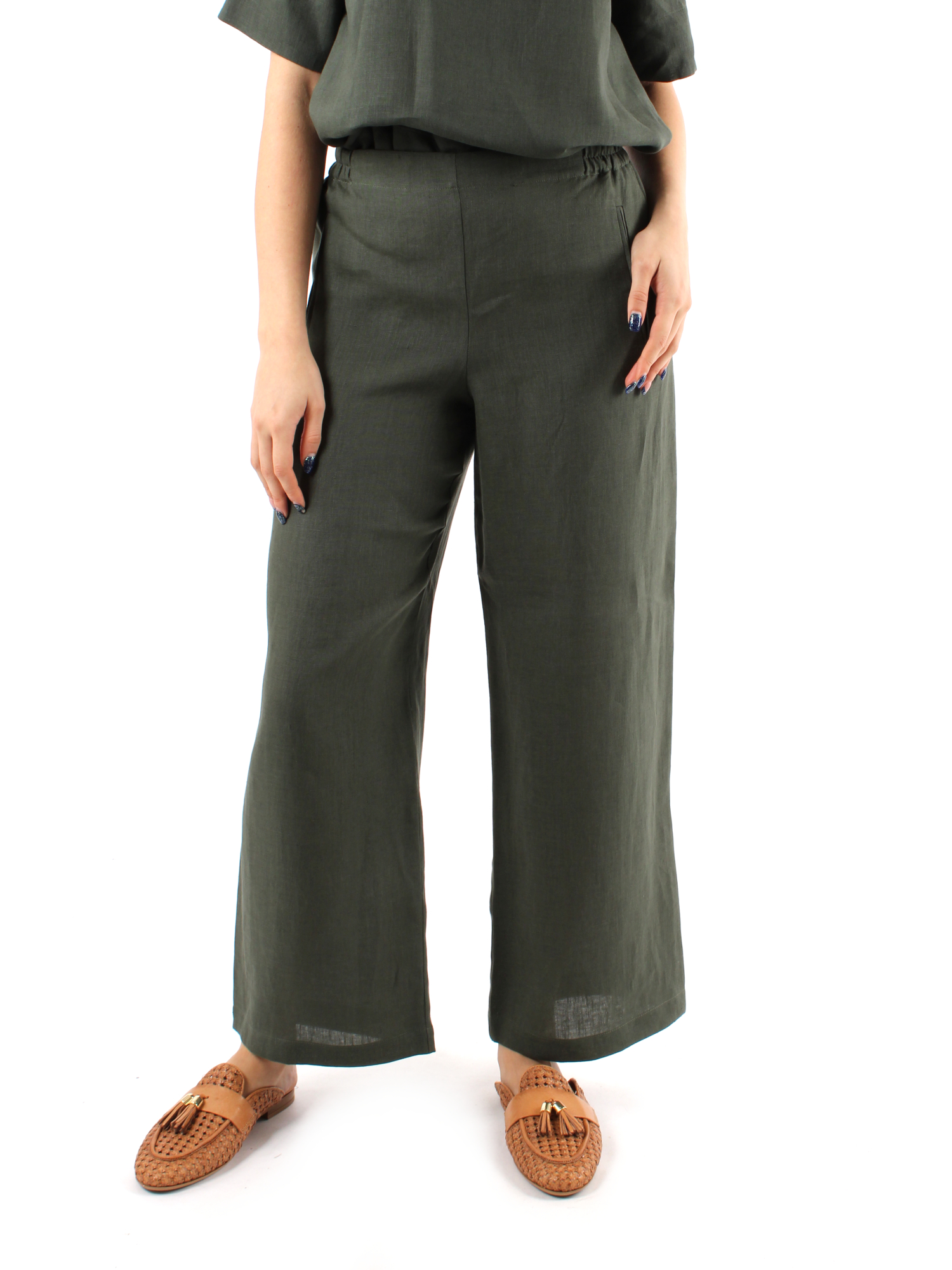 PANTALONI PALAZZO BOJAN IN LINO CON ELASTICO IN VITA DONNA VERDE