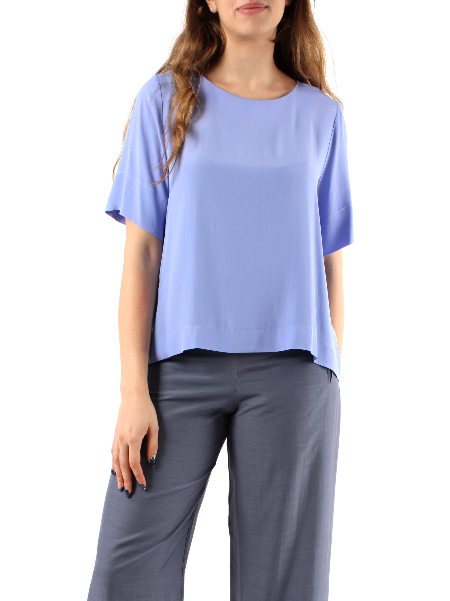 BLUSA IN MISTO SETA A MANICHE CORTE DONNA AZZURRO