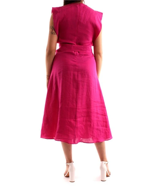 VESTITO LUNGO IN PURO LINO CON CINTURA IN VITA DONNA FUCSIA