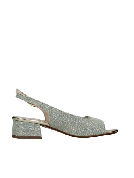 SANDALI TACCO BASSO CON GLITTER DONNA PLATINO