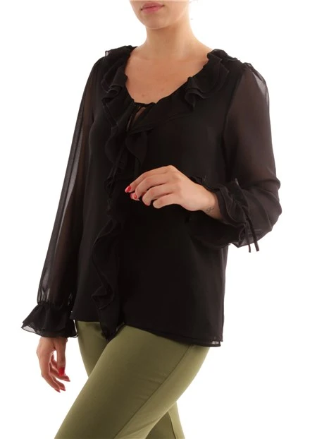 BLUSA CON ROUCHES IN TINTA DONNA NERO