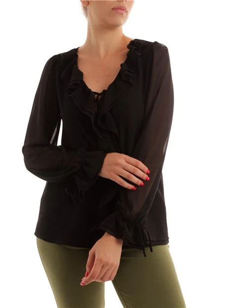 BLUSA CON ROUCHES IN TINTA DONNA NERO