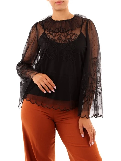 BLUSA IN TULLE RICAMATO DONNA NERO