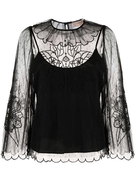 BLUSA IN TULLE RICAMATO DONNA NERO