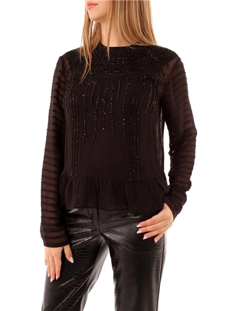 BLUSA IN GEORGETTE CON RICAMO E PERLINE DONNA NERO