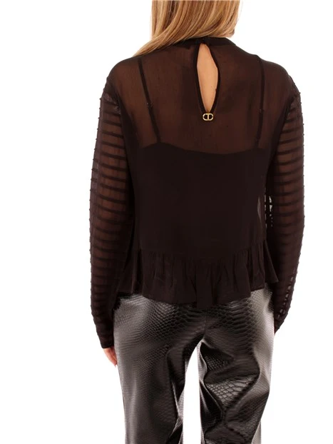 BLUSA IN GEORGETTE CON RICAMO E PERLINE DONNA NERO