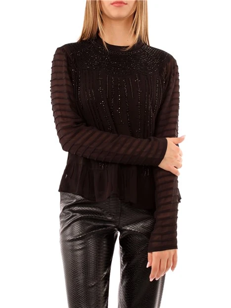 BLUSA IN GEORGETTE CON RICAMO E PERLINE DONNA NERO