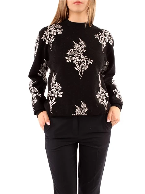 MAGLIA GIROCOLLO CON FIORI DONNA NERO