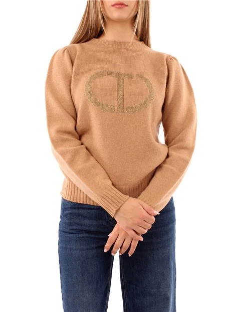 MAGLIA GIROCOLLO CON LOGO IN LUREX DONNA BEIGE