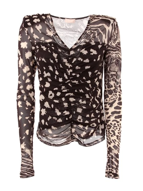 MAGLIA SCOLLO A V FANTASIA ANIMALIER DONNA NERO