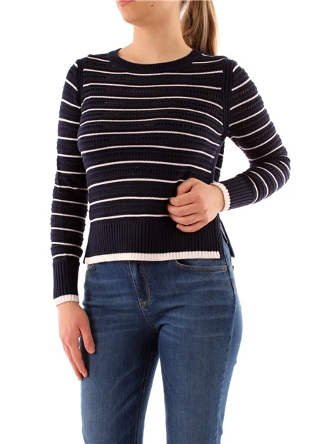 MAGLIA GIROCOLLO A RIGHE CON SPACCHI DONNA BIANCO BLU NAVY