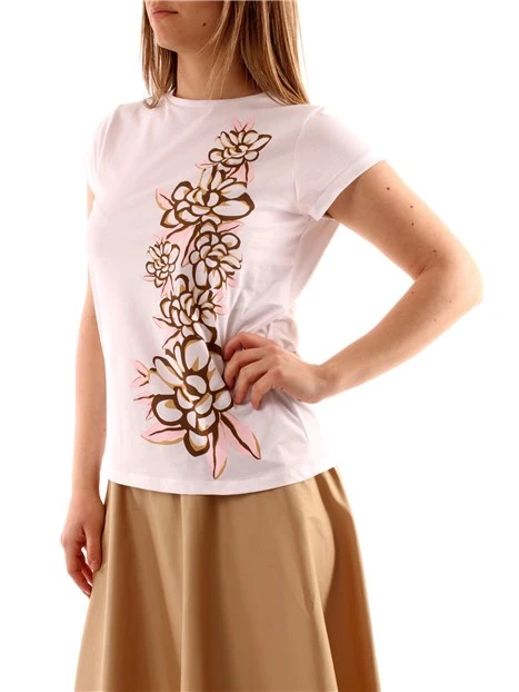 T-SHIRT MANICA CORTA CON STAMPA FIORI IN COTONE DONNA BIANCO