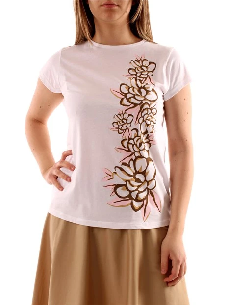 T-SHIRT MANICA CORTA CON STAMPA FIORI IN COTONE DONNA BIANCO