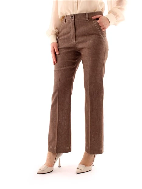 PANTALONI A ZAMPA FLARE IN MISTO LINO DONNA MARRONE