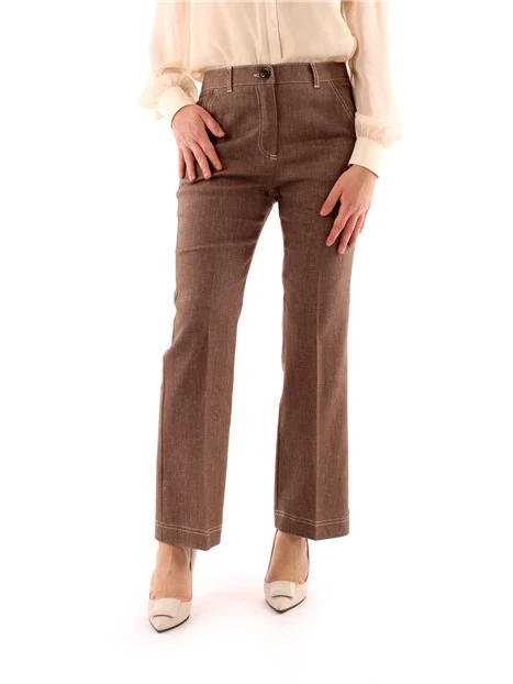 PANTALONI A ZAMPA FLARE IN MISTO LINO DONNA MARRONE