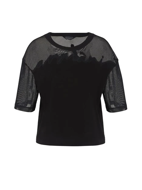 T-SHIRT MANICA CORTA CROPPED A RETE DONNA NERO