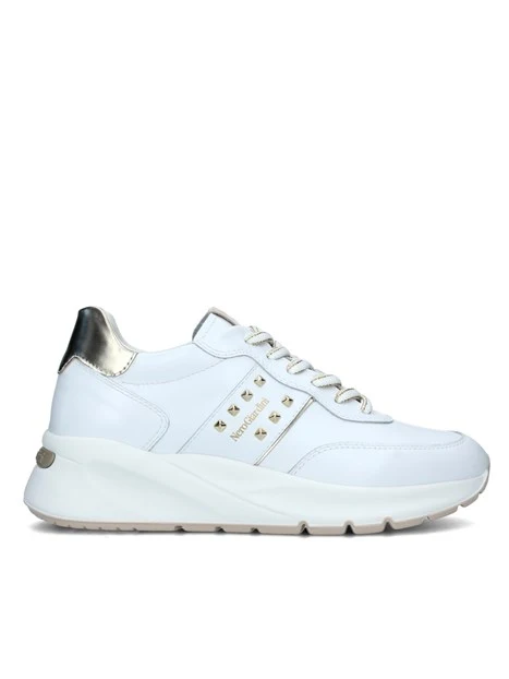 SNEAKERS PLATFORM CON BORCHIE E LOGO DONNA BIANCO ORO