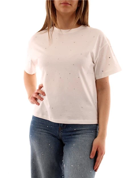 T-SHIRT MANICA CORTA IN MAGLIA DI COTONE CON STRASS DONNA BIANCO