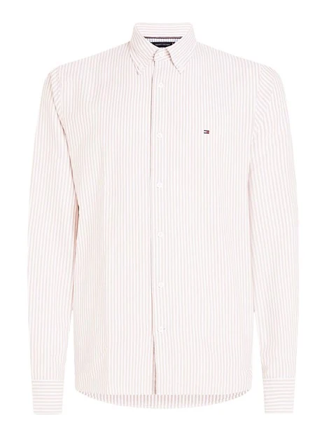 CAMICIA IN PURO COTONE CON LOGO RICAMATO RIGHE MARRONI UOMO BIANCO