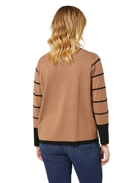 MAGLIA GIROCOLLO IN VISCOSA STRETCH CON FANTASIA GEOMETRICA DONNA BEIGE E NERO