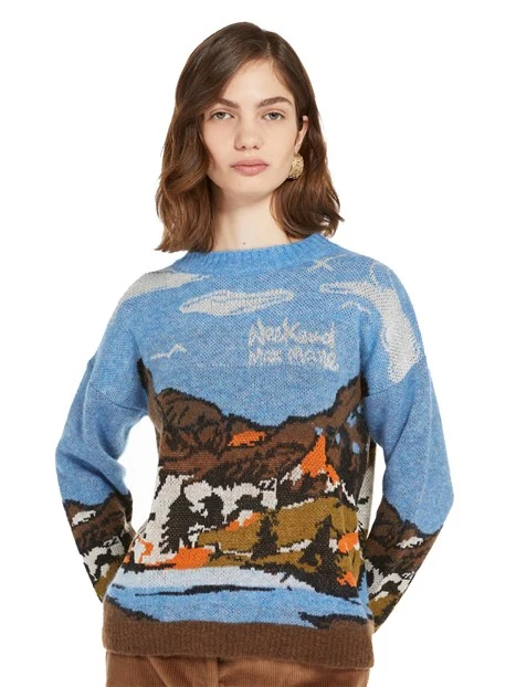 MAGLIA GIROCOLLO IN LANA E ALPACA CON PAESAGGIO MULTICOLORE DONNA AZZURRO