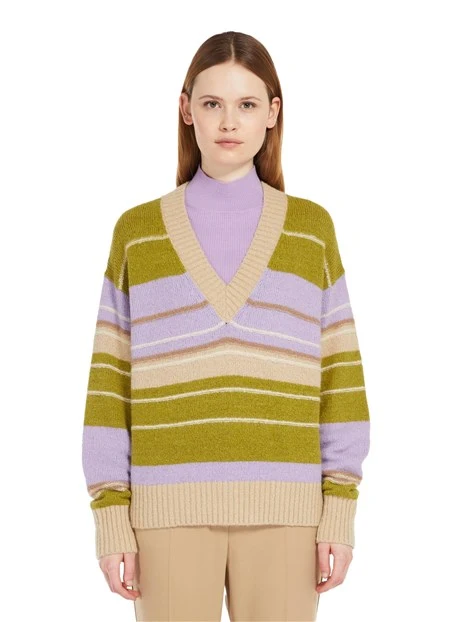 MAGLIA SCOLLO A V IN FILATO DI ALPACA E COTONE A RIGHE MULTICOLORE DONNA LILLA